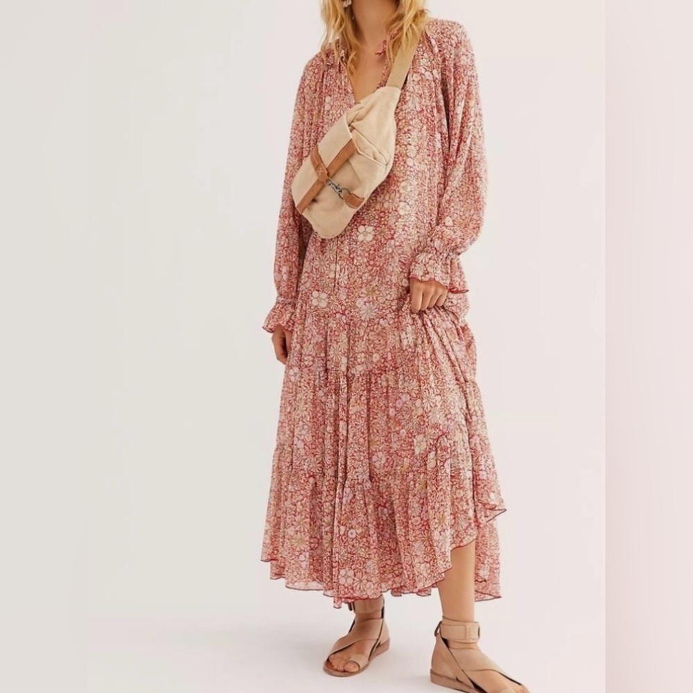 Free People Dusty Rose Floral Tiered Long Sleeve Midi Dress